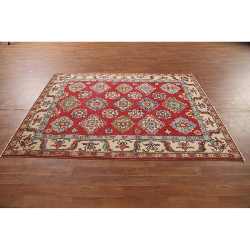 Red Geometric Kazak Area Rug Handmade Wool Carpet - 5'2" x 6'8"