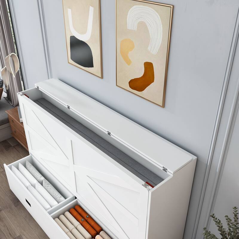 Hidden Folding Murphy Bed with Storage Drawers/Charging Station/Foldable Mattress/Full Size Mobile Cabinet Bed Frame/Noise-free