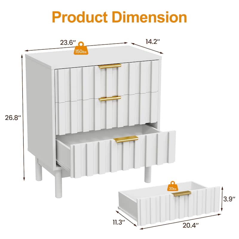3 Drawer Dresser Set of 2 with Fluted Panel Design