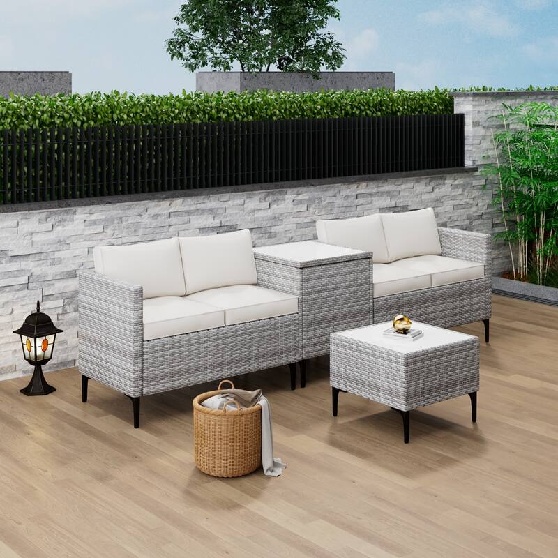 4-Piece Rattan Patio Set – Modular Sectional with Storage Box & Glass Table, Weather-Resistant for Outdoor Lounge,