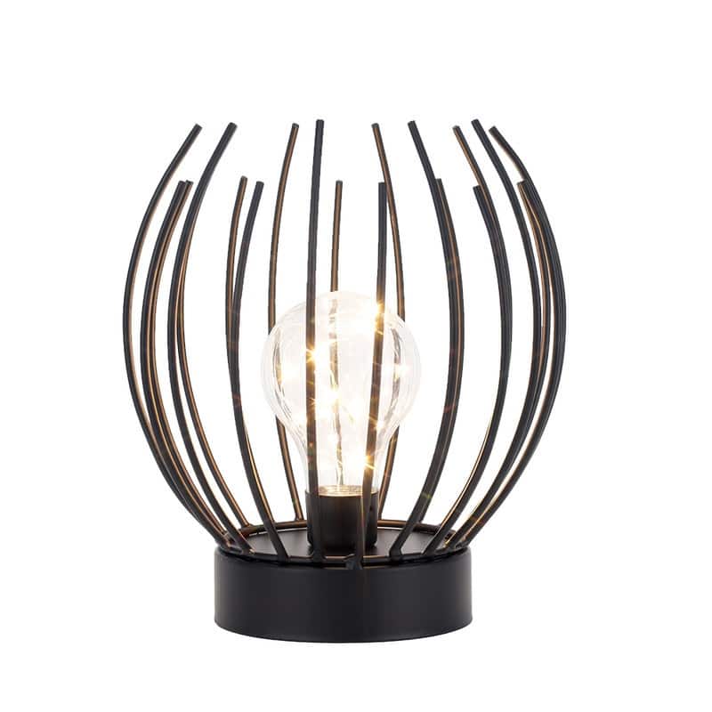 HomeRoots 7" Black Battery Operated Round Bedside Lamp With Metal Cage Globe Shade - 6.00 in. x 7.00 in. x 6.00 in.