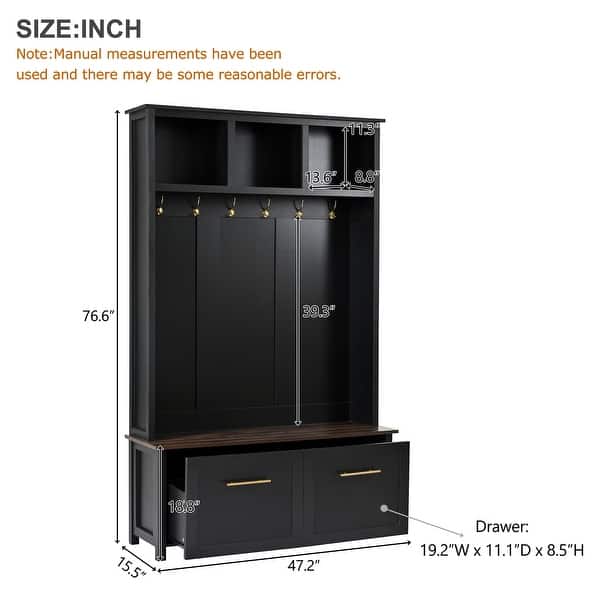 dimension image slide 1 of 2, 4-in-1 Hall Tree, 6 Gold Hooks, Wood Grain Bench, 2 Drawers, Entryway Organizer, 47.2W x 15.5D x 76.6H