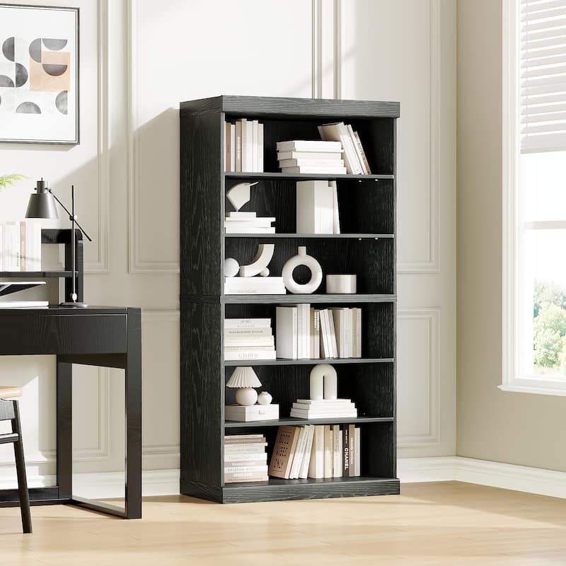 62" Solid Wood 6-Shelf Bookcase Storage with Adjustable Shelves