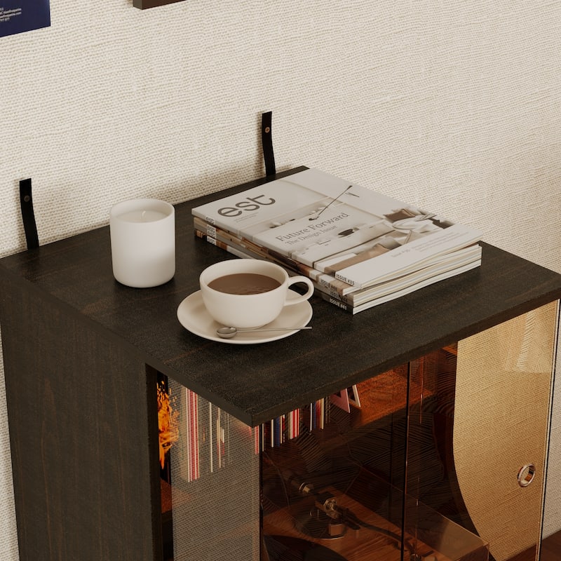 Record Player Stand with Glass Doors Vinyl Record Cabinet with LED Light Media Cabinet - 19.7"x19.7"x35.4"