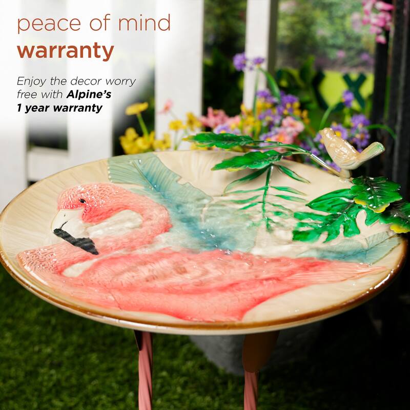 Alpine Corporation ORS876 Outdoor Metal Birdbath w/ Stylish Stand, Flamingo Pattern Birdbath Bowl and Stand, 23"H, Pink/Blue