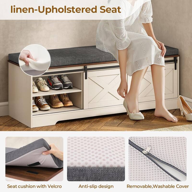 Storage Bench with Cushion Adjustable Shelf Shoe Rack Cabinet