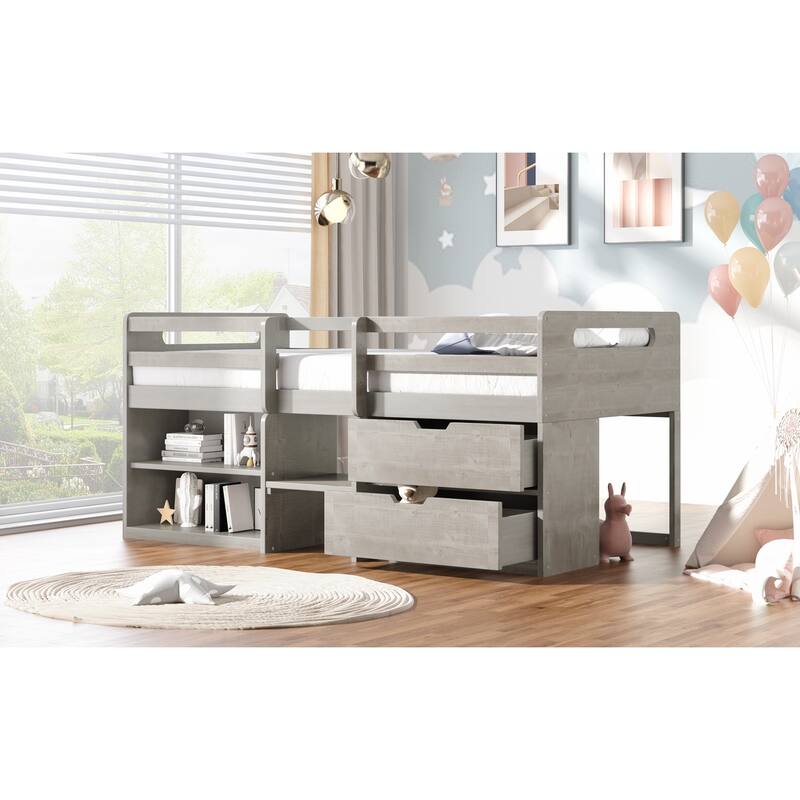Twin Solid Pine Loft Bed with Shelves, Drawers, and Guardrail