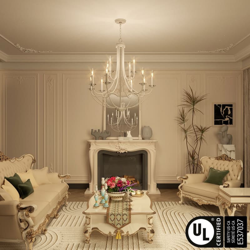 33.5In French Country 12-light Beaded Empire Candle Chandelier - 33.5'' D * 127.5'' H