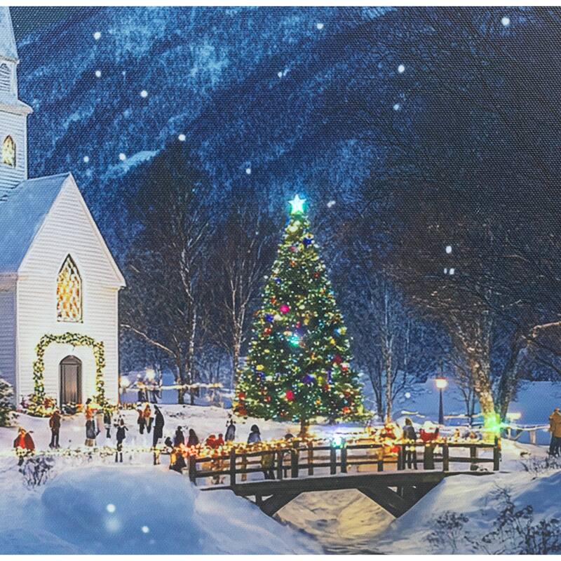 LED Lighted Church at Night Framed Christmas Canvas Wall Art 19" x 15"