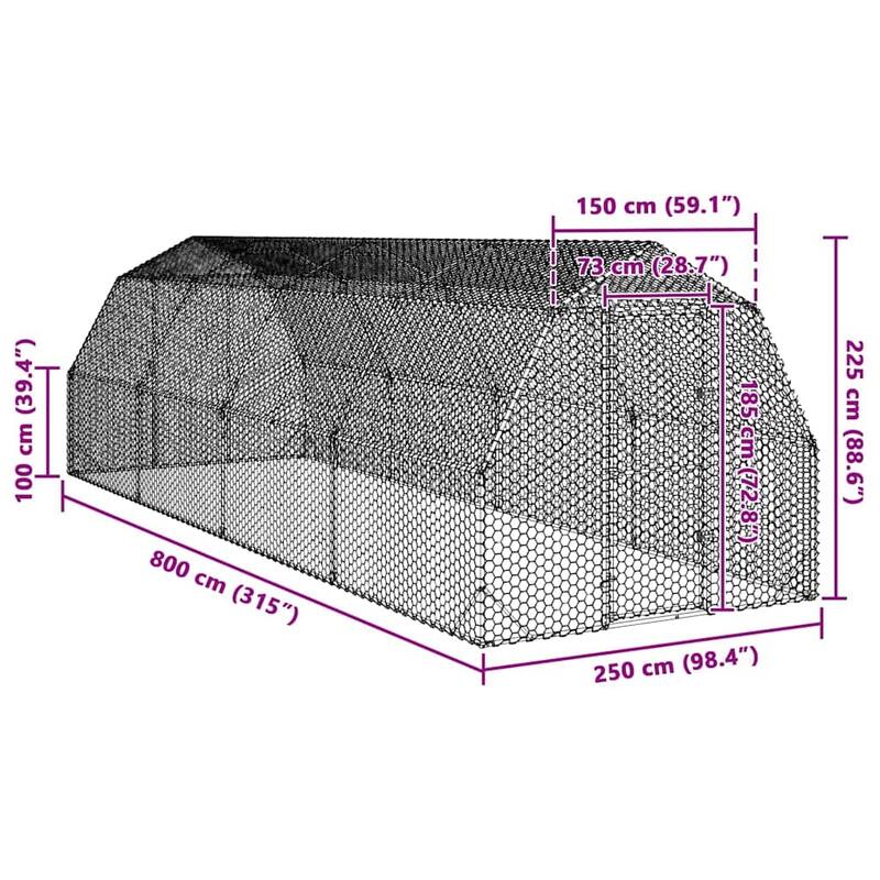 vidaXL Chicken Run Galvanized Large Durable Metal Chicken Coop - Silver - 315.0 x 98.4 x 88.6