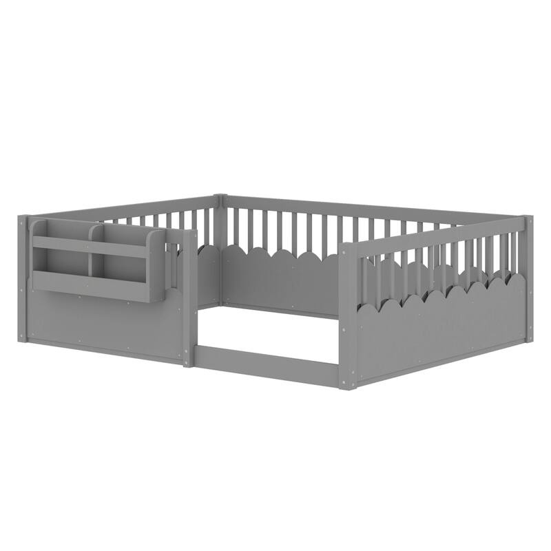 Queen/Full/Twin Floor Bed with Fence and Bookshelf, Wood Kids Floor Bed