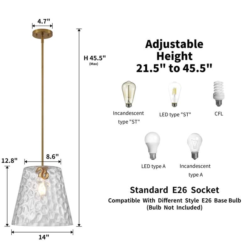 KAWOTI Adjustable Pendant Light with Hammered Glass Shade - W14"*H13.5"(MaxH21.5"~ 45.5")