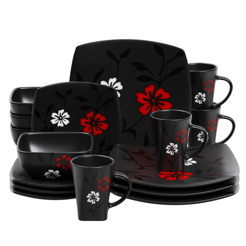 Gibson Elite Evening Blossom 16 Piece Square Dinnerware Set