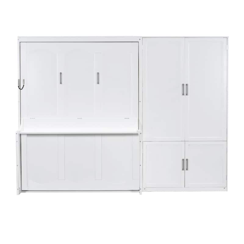 Queen Size Murphy Bed Wall Cabinet Bed with Built-in Wardrobe, Integrated Storage Shelf and Hydraulic Lift System