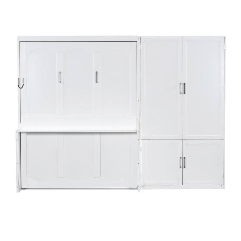 Roomfitters Queen Size Murphy Bed with Closet, Hydraulic Lift Wall Bed with Storage Cabinet, White