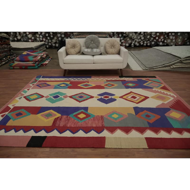 Hand Woven Oriental 100% Wool Carpet Southwestern Modern Multi-Colored Kilim Area Rug - 9' 10'' X 8' 0''