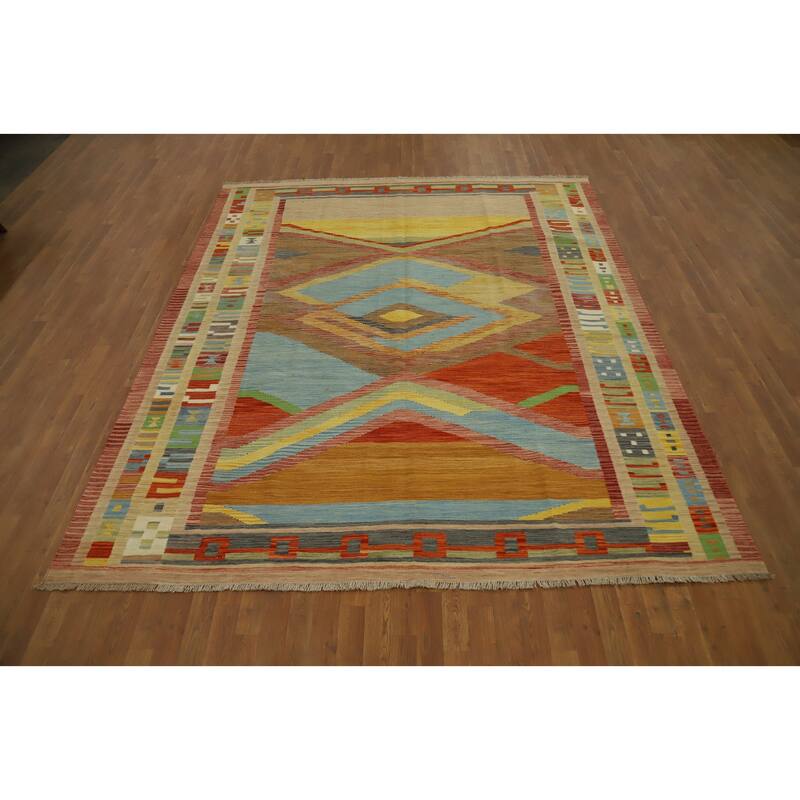 Hand Woven Oriental 100% Wool Carpet Southwestern Tribal Multi-Colored Kilim Area Rug - 9' 10'' X 8' 2''
