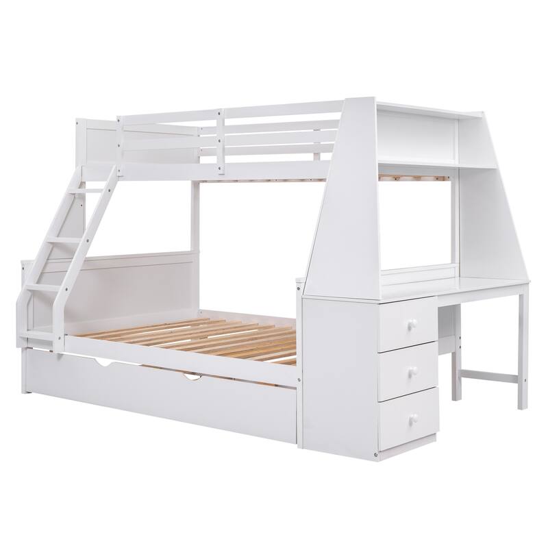 Twin over Full Bunk Bed with Trundle, Built-in Desk, Storage Drawers, and Shelf, White