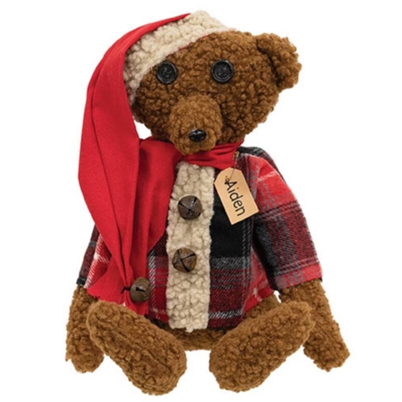 Aiden Teddy Bear in Plaid Shirt with Hat and Scarf Winter Decor - 9” x 4” x 17” - Brown-Red