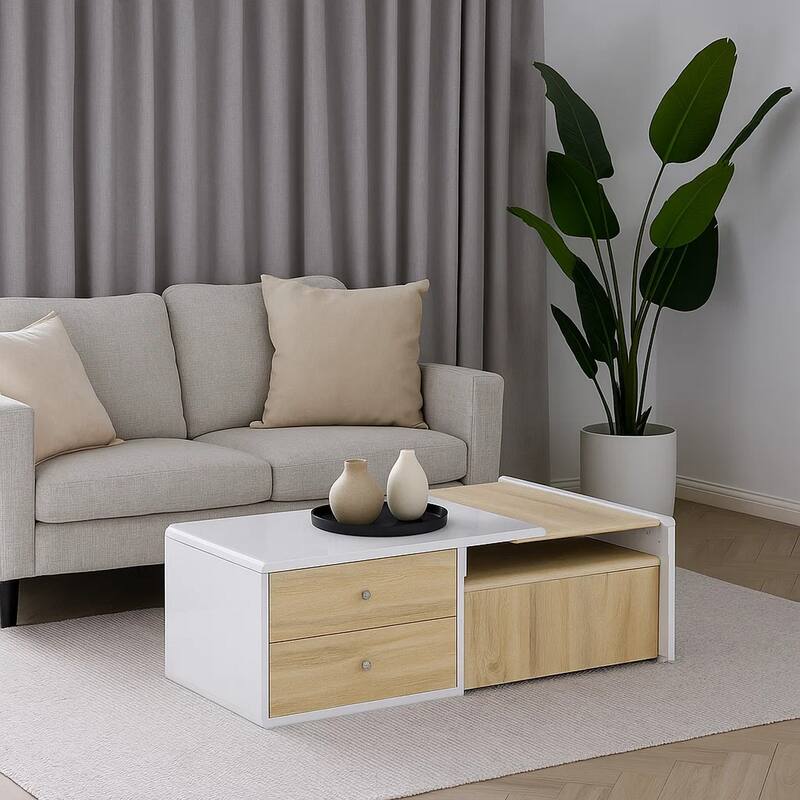 2 Drawer Contemporary Coffee Table with Pull Out Table, White and Brown