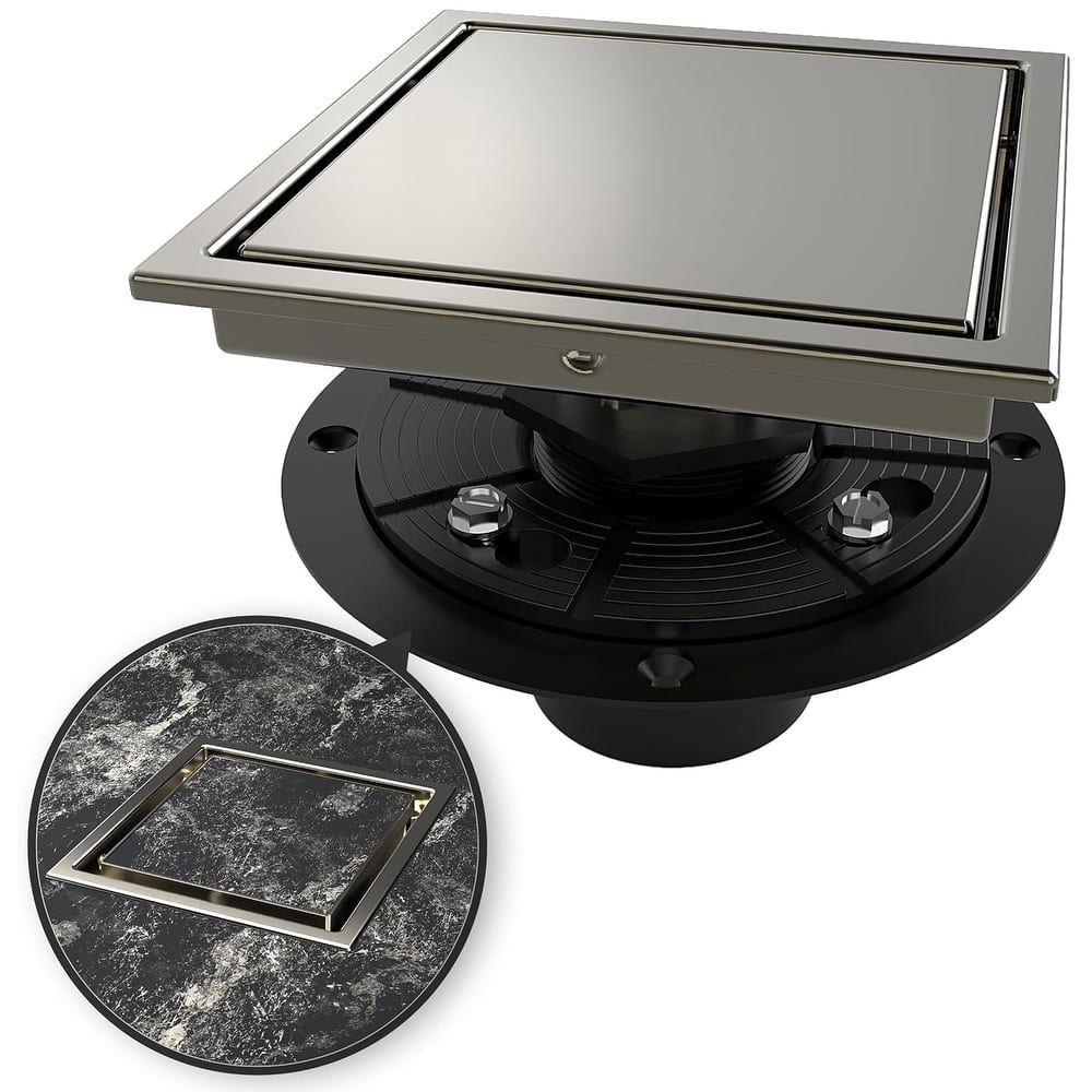 4-Inch Square Shower Floor Drain, Quadrato Pattern Grate - 4 inch