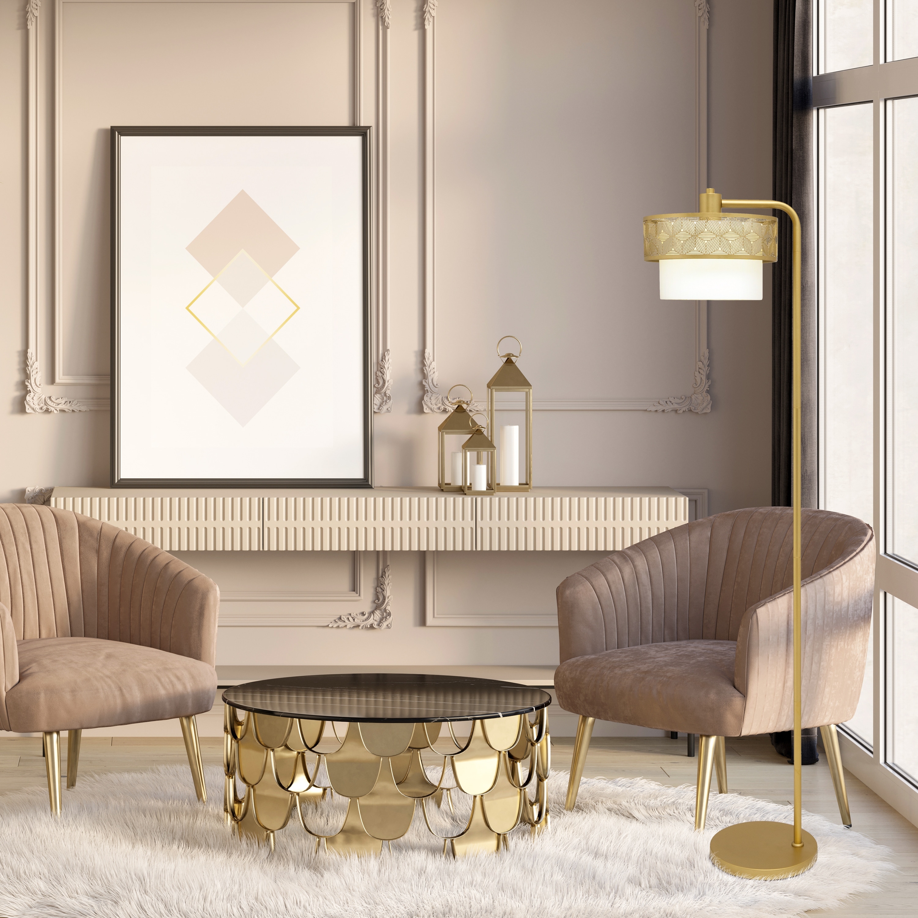 River of Goods Celia Painted Gold Metal 62.25-Inch Floor Lamp with Painted Gold Metal and White Fabric Drum Shade