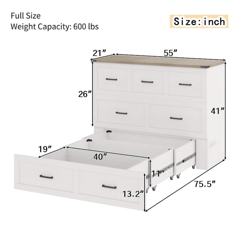 Murphy Bed Cabinet Full Size with Charging Station