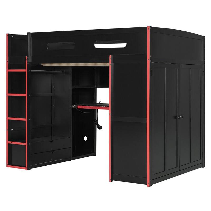 Full Size Wood Loft Bed with Desk,Wardrobe,Ample Storage Space,and RGB LED Light