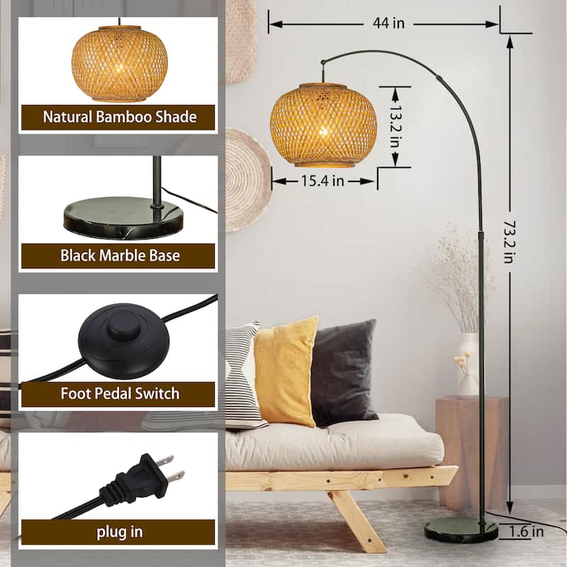 1-Light 75" Arc Floor Lamp with Hand-woven Bamboo Shade