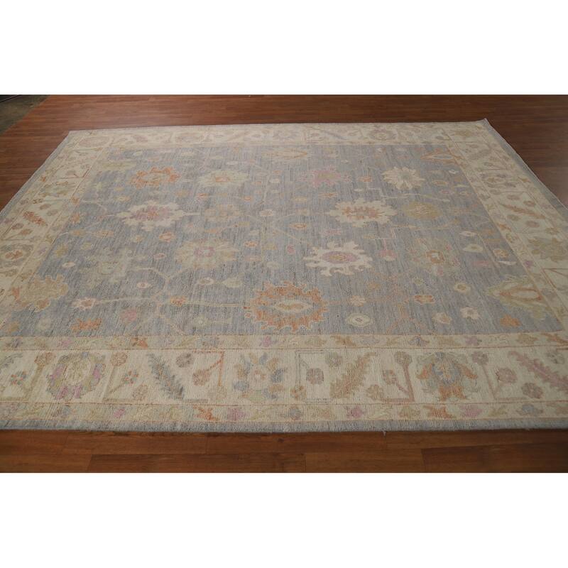 Vegetable Dye Oushak Turkish Area Rug Handmade Blue Floral Wool Carpet - 7'11" x 10'0"