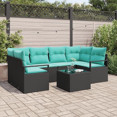 vidaXL 7 Garden Sofa Set with Cushions Black Poly Rattan - 92.1 x 48 x 27.2