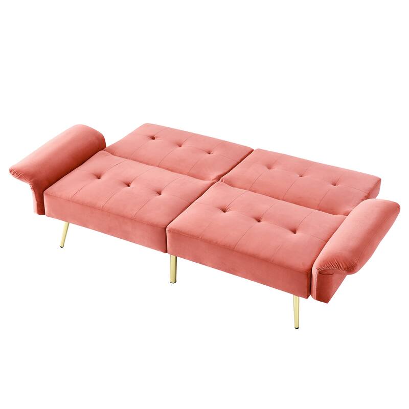 Velvet Futon Sofa Bed with Folded Armrests