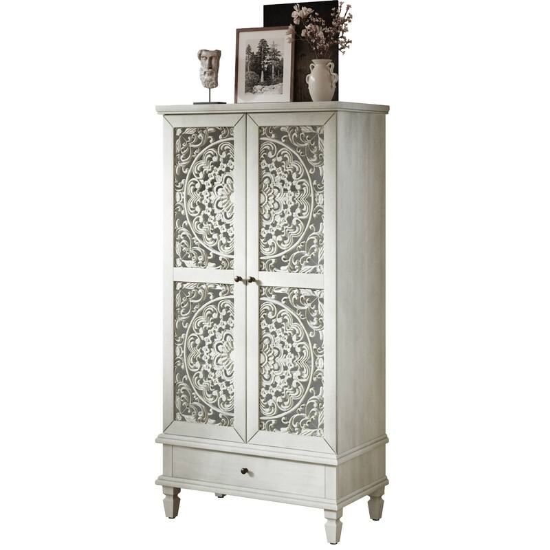 Rustic 55" Tall Storage Cabinet with Drawer, Decorative Carved Wood Accent for Living Room or Dining Area