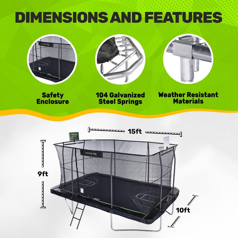 10x15 ft Rectangular Trampoline with Basketball Hoop - High-Bounce Performance Frame & Full Enclosure - 15