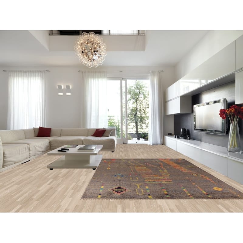 Brown & Blue Moroccan Abstract Area Rug Handmade Wool Carpet - 8'10"x 12'9"