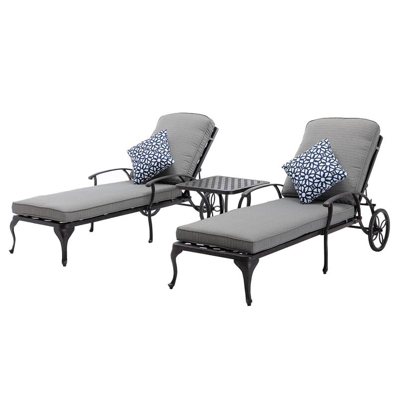 3-Piece Aluminum Reclining Outdoor Chaise Lounge with Table and Cushions
