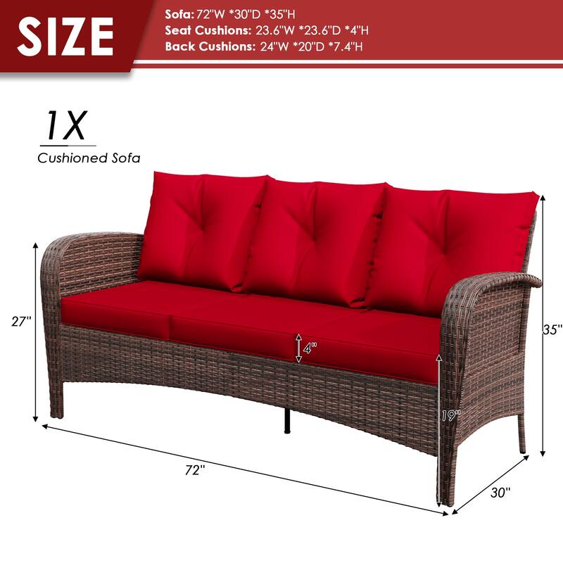 Cozywor 72"Wide 3-Seat Brown Wicker Outdoor Sofa, Couch Patio Sofa with Deep Seating and Thick Cushions, Red