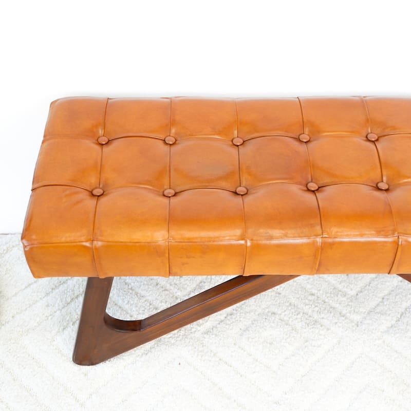 GDFStudio - Mia Modern Mid-Century 47" Genuine Leather Bench with Button Detail & Solid Wood Frame - 15.4"W