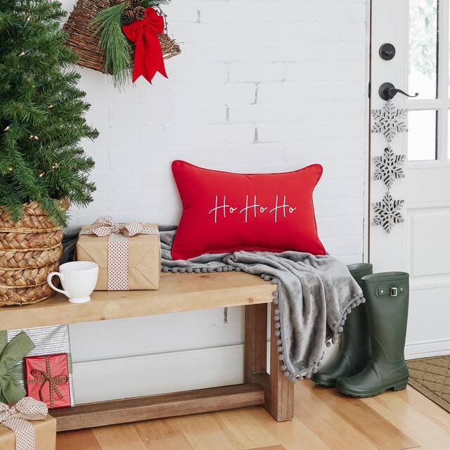 Sunbrella Indoor/Outdoor "Ho Ho Ho" Embroidered Christmas Pillow, Corded - Red Pillow with White "Ho Ho Ho" Embroidery