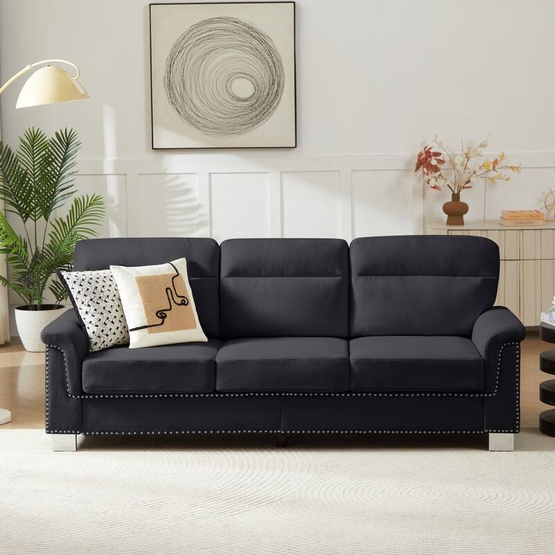 84.2" Modern Snowfleece Fabric 3-Seater Sofa with Nailhead Trim - Black