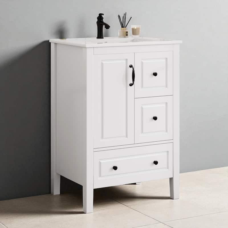 24" Retro Bathroom Vanity with Ceramic Sink, Soft-Closing Doors & Drawers, Aluminum Alloy Handles - White