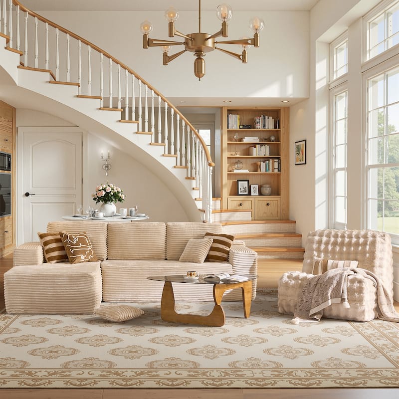 XIZZI Modern Plush Sectional Chaise Couch with Bean Bag Chair - Beige - Left Facing