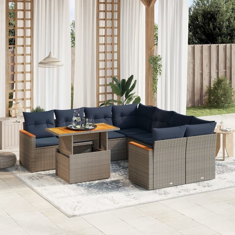 vidaXL Patio Sofa Set with Cushions Outdoor Furniture 9 Piece Poly Rattan - 24.4 x 24.4 x 27.2 - Grey
