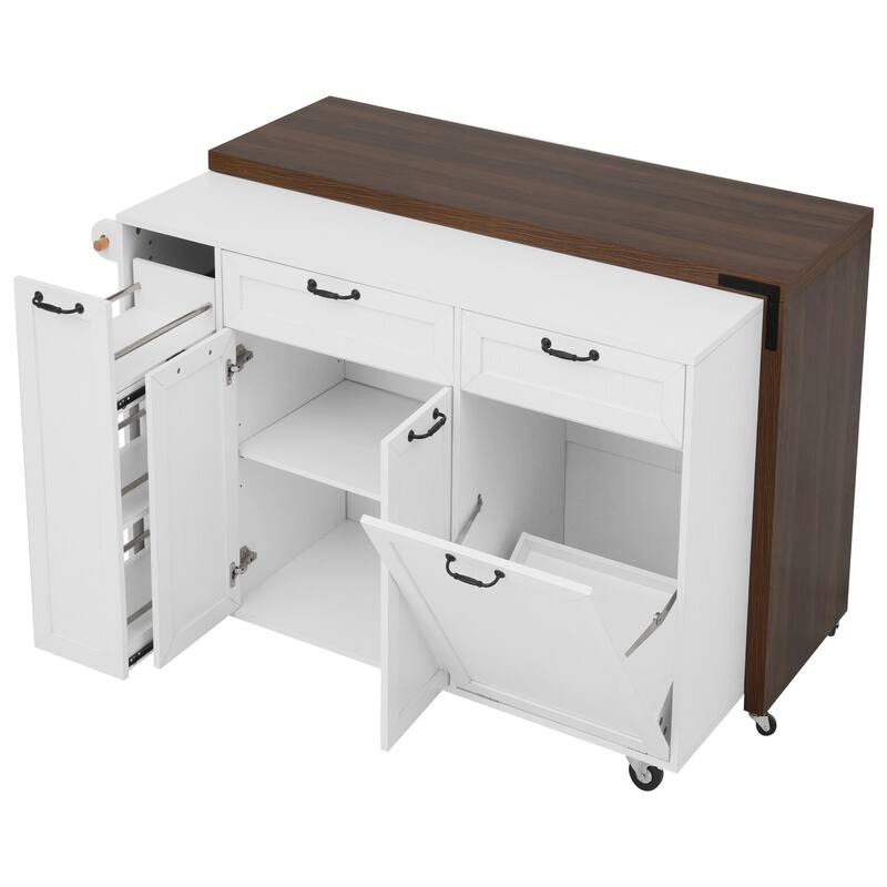 102.3" Kitchen Island with Extendable Table, Kitchen Rolling Island Cart with Trash Storage Cabinet, 3-Tier Pull-Out Spice Rack
