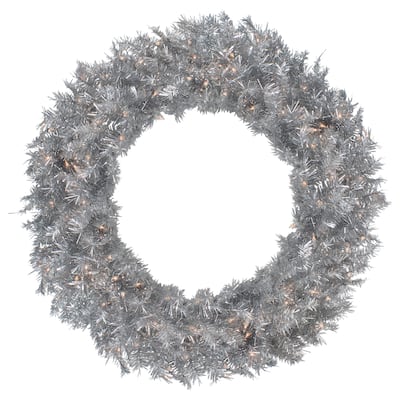36" Pre-Lit Silver Tinsel Artificial Christmas Wreath Clear Lights
