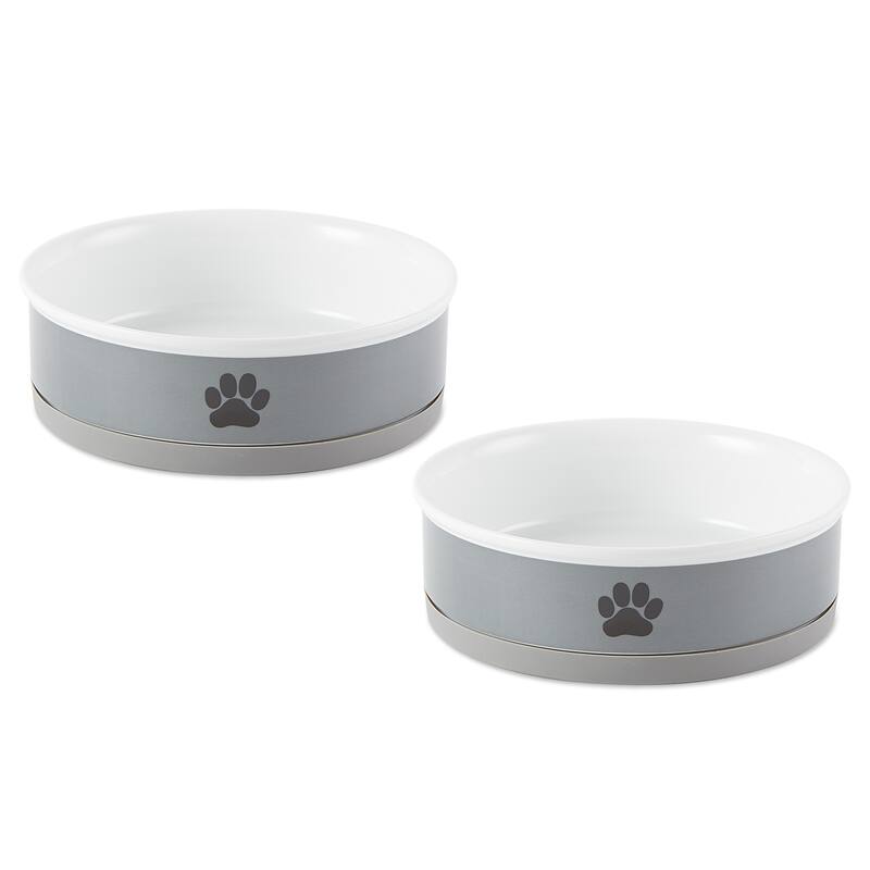 DII Pet Bowl Black Paw Print Gray Small 4.25dx2h (Set of 2) - Gray Paw - Large Bowl Set