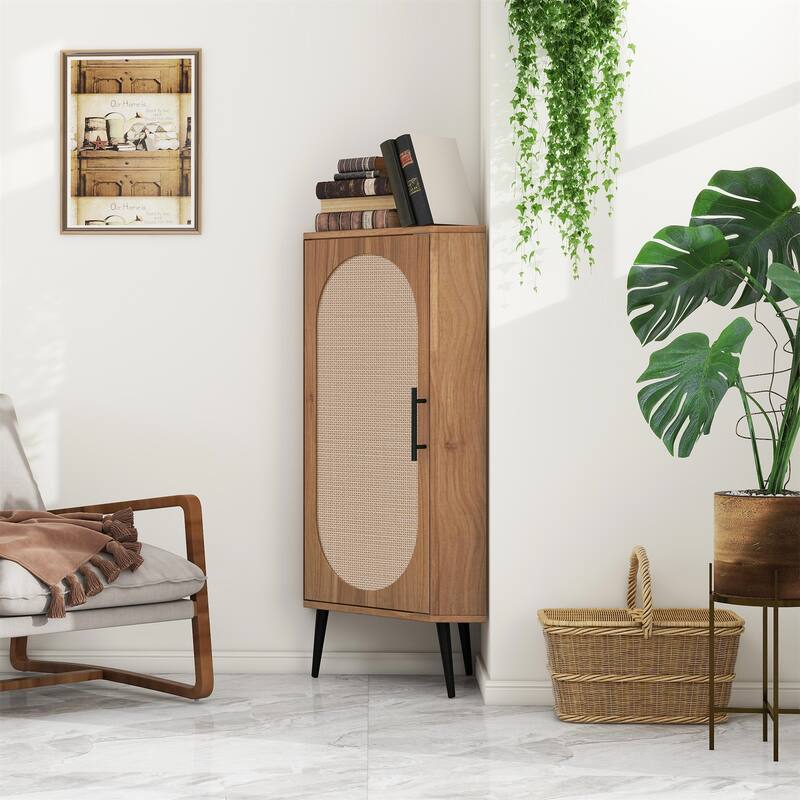 Freestanding Corner Cabinet with Rattan Door - Walnut