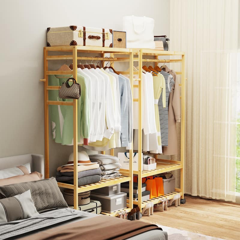 Clothes Rack Bamboo Garment Rolling Rack with Side Hooks