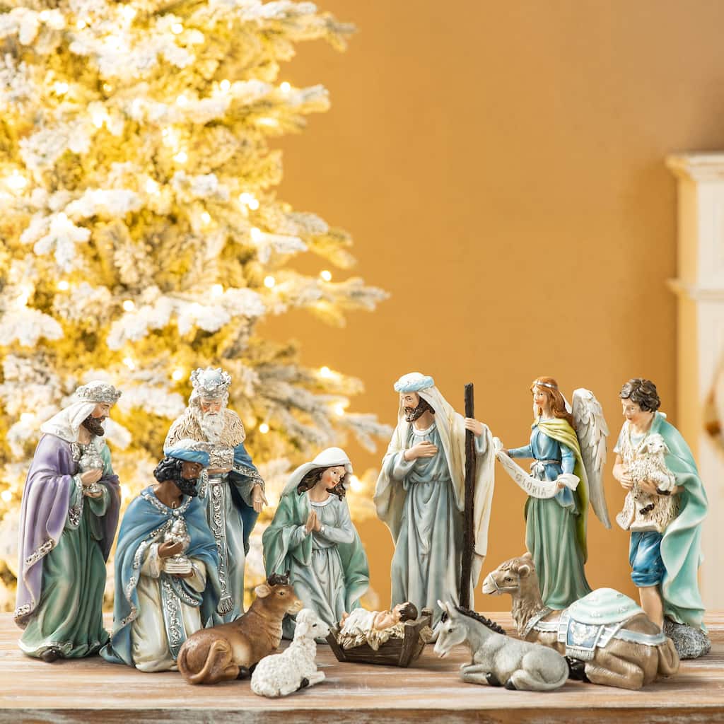 Glitzhome 12 Pcs Deluxe Blue Resin Nativity Figurine Set
