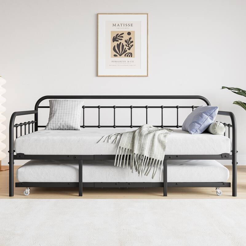 Metal Daybed Frame with Trundle, Heavy Duty Steel Slat Support Sofa Bed